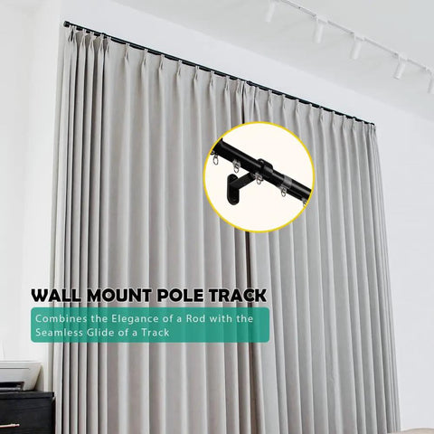 Adjustable Traverse Curtain Rod With Track System Extends From 47 To 86 Inches For Thick Curtains Up To 40 Lbs In Black Aluminum Heavy Duty And No Fuss Easy Install wall mount with gray curtains