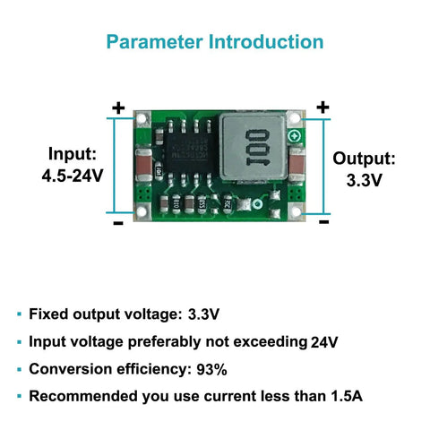 Ten Pack Dope 3.3V Buck Converter Module From 5-24V Input To 3.3V Output, 1.5A DC-DC Regulator with specs and dimensions