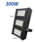 300W LED Flood Light with black aluminum housing, showcasing three LED panels, ideal for yard and warehouse use.