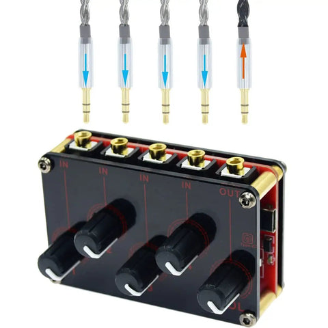 Four Channel One Eighth Inch Stereo Passive Mixer With Four In One Out, Independent Volume Knobs, Headphone And Speaker Splitter