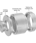 Exploded view of 22-piece universal automotive crankshaft pulley removal kit with spacers and seal rings, 28–64mm