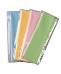 Microfiber screen cleaning cloths, 4-pack, 6 x 7 in, pastel blue, yellow, pink, and green for phones and cameras.