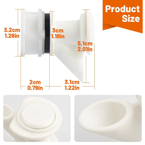 Push Button Spigot Replacement For 2 To 10 Gallon Water Coolers Food Grade Non Toxic Odorless Beverage Dispenser Spigot Durable 3 Pack Backups For Parties Camping And Everyday Cooler Use - product size dimensions and close-up views shown