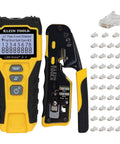 RJ45 Cable Tester Kit With LAN Scout Jr 2 All In One Coax Crimper Stripper And Cutter Tool And 50 Pack Pass Through Modular Data Plugs With Backlit LCD showing wiremap