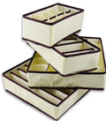 Fine Digs Non Woven Drawer Dividers For Bras And Underwear Plus Four Pack Closet Storage Bins in beige with brown trim.