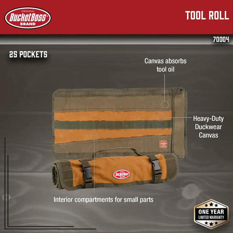Heavy Duty Tool Roll Bag From Original Series With Quick Release Buckles, Duckwear Canvas, Oil-Absorbing Interior, 25 Pockets