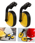 Job Site Tough Safety Hard Hat Ear Muffs With Integrated Noise Blocking Cups For Industrial Hearing Protection And Heavy Duty Construction Environments on a work desk.
