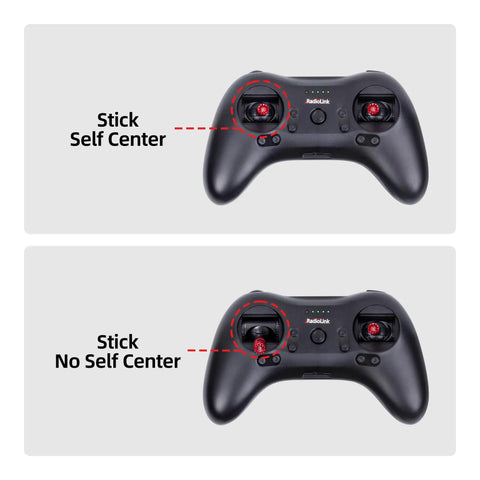 T8S 8 Channel 2.4G RC Pocket Transmitter showing stick self-center and no self-center modes for precise control