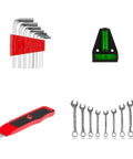 95 Piece Diy Tool Set With Portable Plastic Toolbox And Adjustable Wrench Pliers Socket Bits For Home Garage And Apartment Repairs Everyday Fixes Grab And Go, featuring hex keys, spirit level, utility knife, and spanner set.