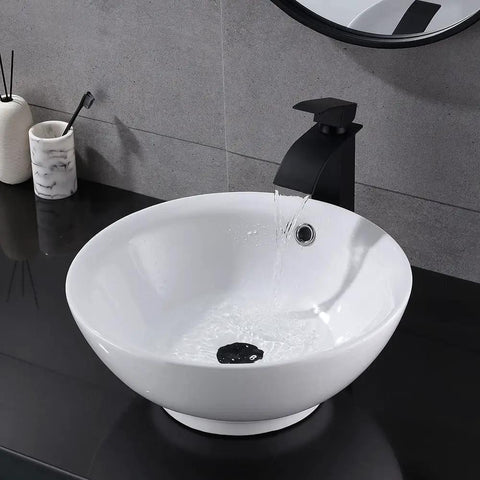 Ultra Sleek 16x16 Inch White Round Bathroom Sink Vessel Porcelain Ceramic For Above Countertop Install with black faucet