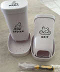No Sweat Chicken Oyster Shell Feeder And Grit Dispenser For Backyard Flocks spacious white containers for grit and oyster shell.