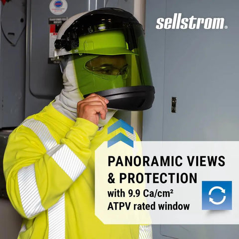 Person wearing Beefy Full Face Shield Mask With Hard Hat Arc Flash Rated Protective Gear For Work And Grinding ANSI Z87 1 Safety Shield