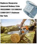 Solid As Nails Chainsaw Bar Nuts 13MM Replacement Side Cover Hardware 10 Pack For Husqvarna Echo Poulan shown with chainsaw and log.