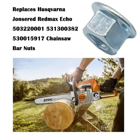 Solid As Nails Chainsaw Bar Nuts 13MM Replacement Side Cover Hardware 10 Pack For Husqvarna Echo Poulan shown with chainsaw and log.