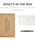 Box contents of 5 Pack Solid Matte Black Cabinet Handles For Kitchen Drawers Cabinets Cupboards with mounting screws shown