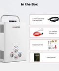 Propane Portable Tankless Water Heater 1.58 GPM On Demand Gas Heater with accessories for outdoor use.
