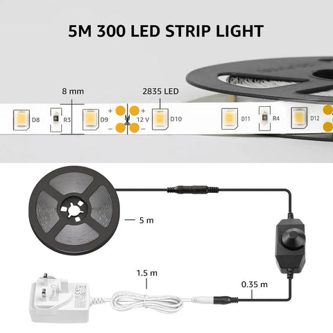 Dimmable 16.4Ft White LED Strip Light 3000K Warm White Tape Lights For Your Home Setup Kitchen Under Cabinet Bedroom Vanity