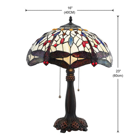 Vintage Tiffany Style Table Lamp With Red Dragonfly Stained Glass Shade 23 Inch High Two Light Bedside Lamp Big Statement Piece