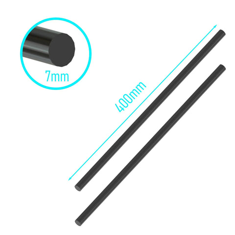 Beefy Carbon Fiber Rod Set 2 Pack 7mm By 400mm Matte Black Solid Round Bar Poles For RC Airplane Drone Kite Model Car And DIY Craft Projects Ultra Lightweight Yet Strong For Precision Builds showing 7mm diameter and 400mm length