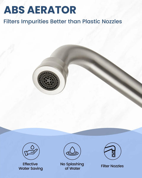 Close-up of brushed nickel aerator on Wall Mount Kitchen Faucet With 6 Inch Spout Brushed Nickel Pro Grade Build Double Handles Hot And Cold Mixer Tap 360 Degree Rotatable 2 Hole Center Set Solid Brass Heavy Duty Restaurant Style Faucet.