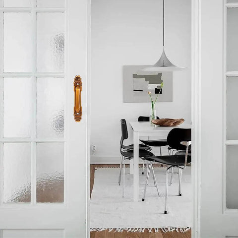 Antique Barn Door Handles And Vintage Sliding Door Handle Set In Rustic European Style installed on glass doors in dining room