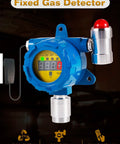 Front view of blue fixed gas detector with yellow digital display and red warning beacon.