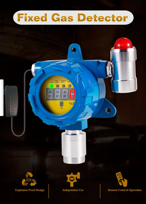 Front view of blue fixed gas detector with yellow digital display and red warning beacon.