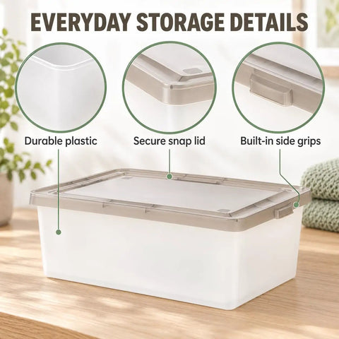 Crushing Clutter Game Changer Heavy Duty Plastic Storage Totes With Secure Snap On Lids 6 Pack showing durable plastic, snap lid and side grips.