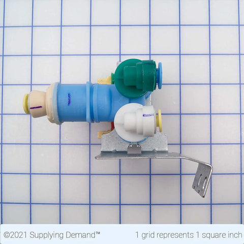 Model Specific Refrigerator Water Inlet Valve Replacement W10247725 1515060, side view on grid background.