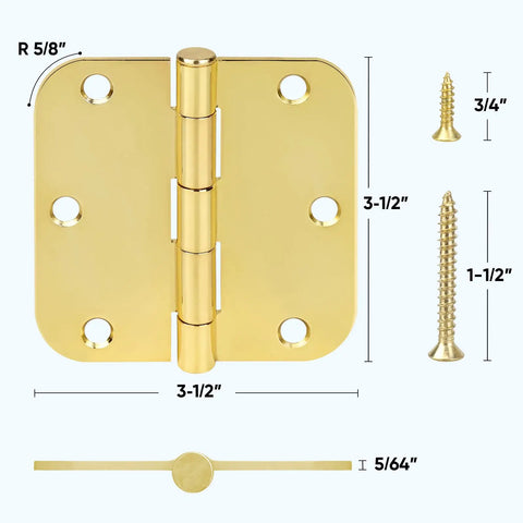 Detailed diagram of a 3-1/2 inch brass door hinge with screws, 5/8 inch radius corners, and size label annotations.