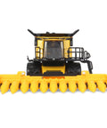 Front view of 1/64 Scale Die Cast Combine With Folding Corn Head And Draper Head, Realistic Yellow Farm Equipment Collectible Model For Adults