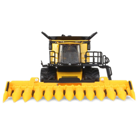 Front view of 1/64 Scale Die Cast Combine With Folding Corn Head And Draper Head, Realistic Yellow Farm Equipment Collectible Model For Adults
