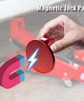 Hand holding Red Magnetic Jack Pads Set 2 Pack Solid Aluminum Grooved Pucks With Screw Fix 2.85 Inch Wide Opening For Cars
