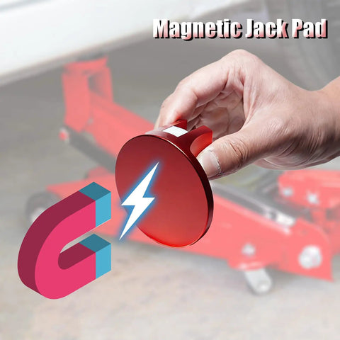 Hand holding Red Magnetic Jack Pads Set 2 Pack Solid Aluminum Grooved Pucks With Screw Fix 2.85 Inch Wide Opening For Cars