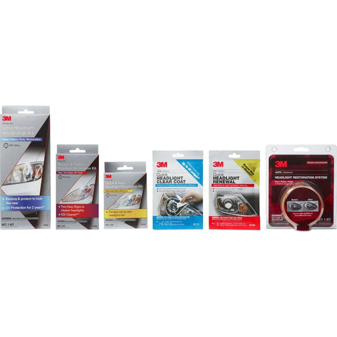 Assorted 3M DIY Headlight Restore Kit For Plastic Lenses Taillights And Fog Lights Brighter Clearer Beams With accessories displayed