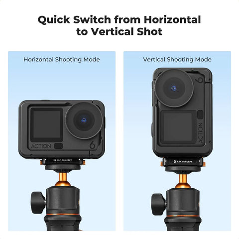 Magnetic Quick Release Mount For DJI Osmo Action 6 And Osmo Nano Aluminum Alloy Bracket Extension Base With One Quarter Inch Screw Hole For Tripod Selfie Stick And Action Camera Accessories Built For Fast Setup showing horizontal and vertical shooting modes.