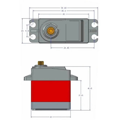 Top Shelf Heavy Duty Digital Servo 35KG Torque Providing Full 360 Degree Continuous Rotation Control And Waterproof Build dimensions and design view.