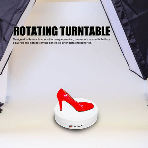 Depisuta 22cm Electric Rotating Turntable Display Stand With Led Colorful Light showcasing a red high heel shoe on a white platform.