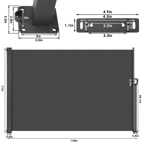 Dimensions and components of the Side Awning 118 By 71 Inches Retractable Privacy Screen For Patio Backyard Garden Balcony And Courtyard UV Resistant Waterproof Dark Gray Wind Resistant Fabric For Outdoor Use.