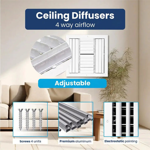 Image showing parts of 12x12 Aluminum Four Way Air Flow HVAC Vent Cover For Walls And Ceilings, Multi Shutter Damper, Adjustable Blades, Install Screws