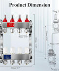Dimensions of Four Loop PEX Radiant Manifold For Hydronic Floor Heating With Half Inch Outlets Up To 1.3 GPM Flow Valve