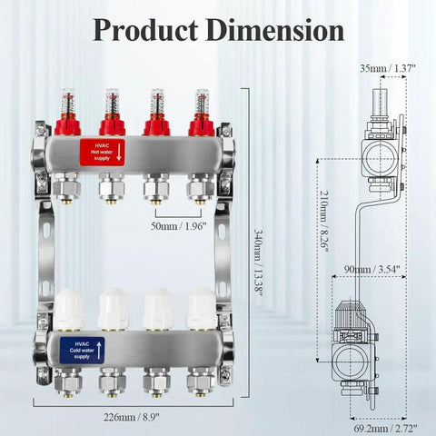 Dimensions of Four Loop PEX Radiant Manifold For Hydronic Floor Heating With Half Inch Outlets Up To 1.3 GPM Flow Valve