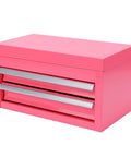 Pink Mini Toolbox Featuring Two Smooth Pullout Drawers And Heavy Duty Iron Frame Compact Portable Gear Case Rig Ready For Job Sites Craft Tables And Mobile Workshop Hella Tough, top view.
