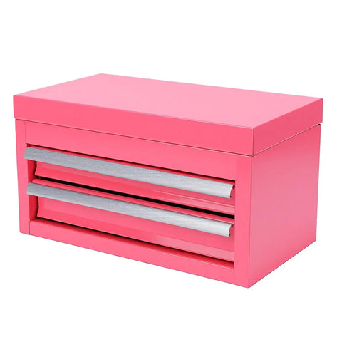 Pink Mini Toolbox Featuring Two Smooth Pullout Drawers And Heavy Duty Iron Frame Compact Portable Gear Case Rig Ready For Job Sites Craft Tables And Mobile Workshop Hella Tough, top view.