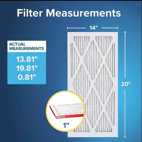 Diagram showing measurements of 14x20x1 MERV 11 Air Filter with Micro Allergen Defense, MPR 1000 for Your Home HVAC Setup, 3 Month Pleated 1 Inch Filter, 6 Pack