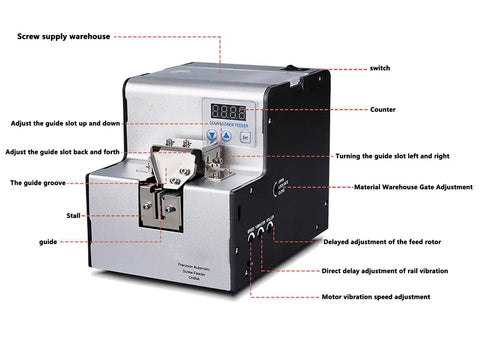 Automatic Screw Feeder Machine With Adjustable Orbital Head For M1.0 Through M5.0 Screws with digital counter and adjustable parts.