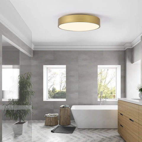 Ultra Sleek Gold Flush Mount Ceiling Light With White Acrylic Shade Contemporary 3 Light Round Fixture For Hallway Foyer Entryway Bedroom Kitchen Totally Modern Minimalist Style 15.8 Inch in bathroom setting