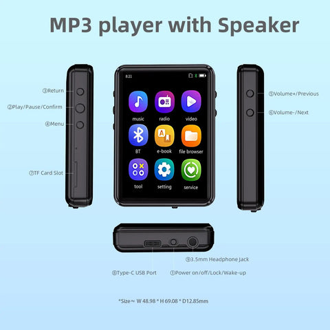 Bluetooth 5.3 MP3 Player With Built In Speaker, Portable Music Player with FM radio and full touch screen interface.