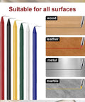 Six colored pencil leads next to surfaces labeled wood, leather, metal, marble. Suitable for all surfaces.