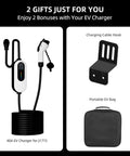 Plug And Play Level 2 EV Charger 40 Amp 240 Volt With WiFi App Control Hassle Free Setup Works Like A Charm Snappy Fast Charging For All SAE J1772 Electric Cars And Hybrids With 25 Foot Cable with accessories including hook and bag.